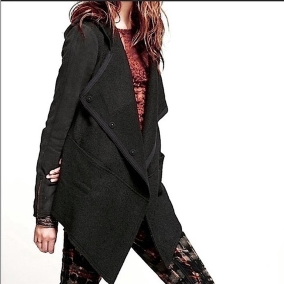 Free People Coat Black Drippy Wool Jacket S Asymmetrical Granola  Boho Festival - Picture 3 of 16